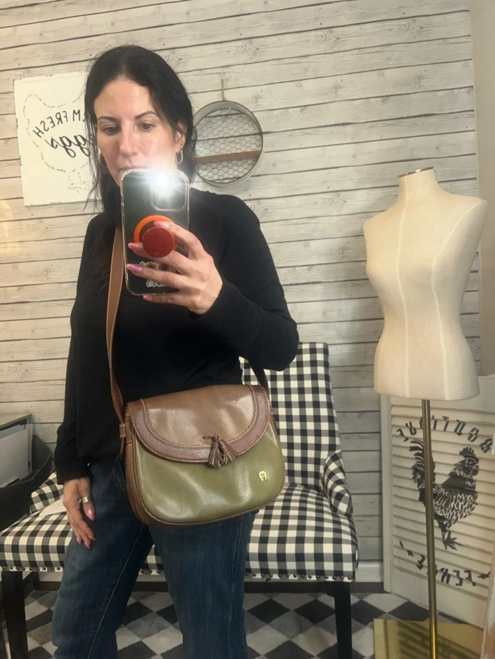 Etienne Aigner Olive and Brown Leather-Trim Crossbody Saddle Bag